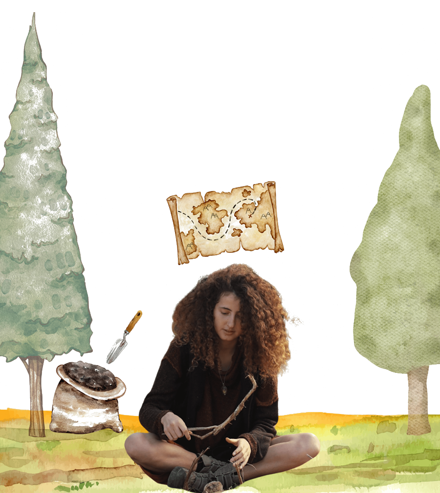 קארין יושבת בשיכול רגליים על הדשא ומחזיקה מקל, בתוך ציור צבעי מים של עצים ומפת אוצר