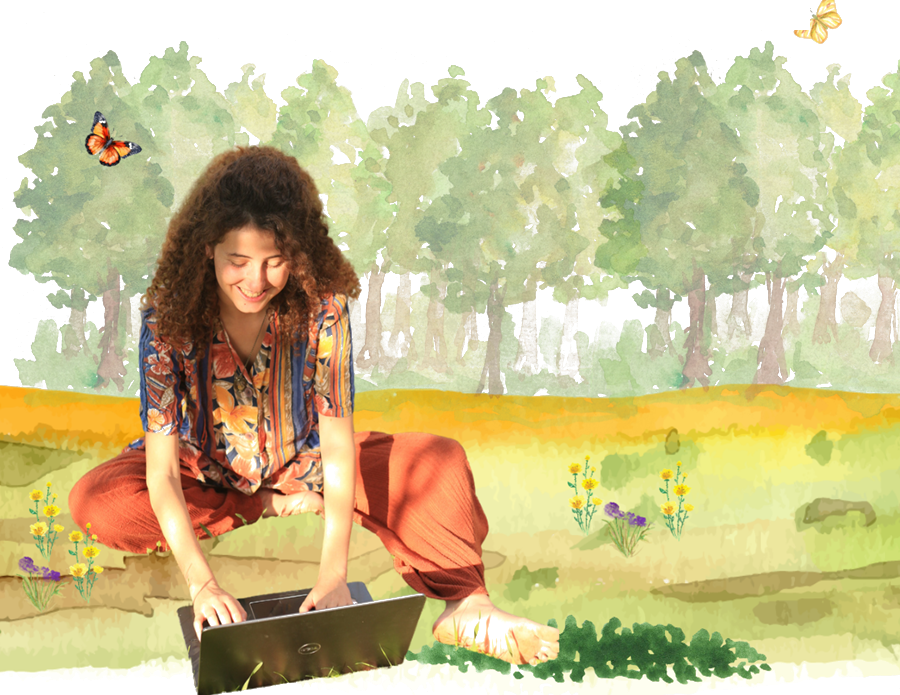 קארין יושבת על הדשא מול המחשב, בתוך ציור צבעי מים של יער